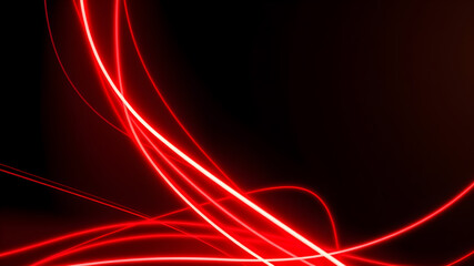 Dark abstract background with red neon glowing lines. Bold neon red light trails on a dark surface,...
