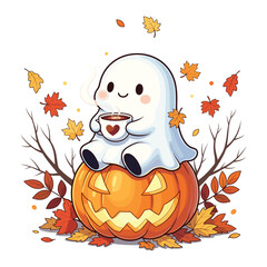 Cute Ghost Pumpkin Coffee Watercolor Sublimation