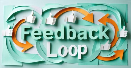 Papercraft design depicts feedback loop concept. Thumbs up symbols suggest positive response, continuous improvement process.