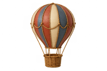 3d rendering of a vintage hot air balloon with red, blue and beige stripes, isolated on transparent background