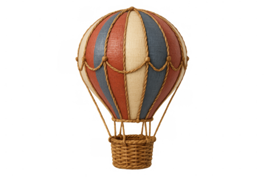 3d rendering of a vintage hot air balloon with red, blue and beige stripes, isolated on transparent background