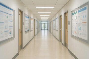 Modern University Lab Corridor With Research Posters and Fluorescent Lighting, Clean Academic Environment, Educational Setting With Focus on Science and Knowledge Display