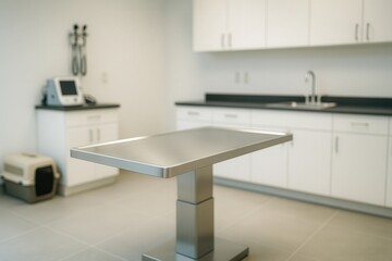 Modern Veterinary Clinic Exam Room With Metal Table and Medical Equipment in Clean White Interior