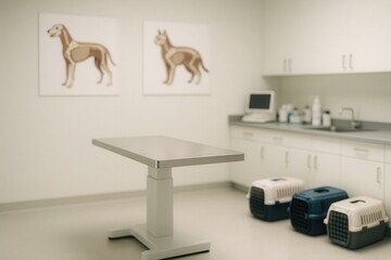 Modern Veterinary Clinic Interior with Examination Table and Animal Diagrams on Wall in Clean Medical Setting