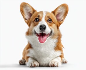 Adorable Corgi Puppy Sitting on White Background Looking Happy Playful with Bright Expression and Fluffy Coat