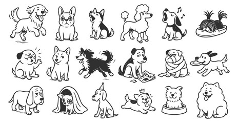 Naklejka premium Dog breeds doodle icon set. Cute hand drawn sketch illustrations of playful, fluffy, sad, smiling, barking, friend, howling and happy dogs. Vintage marker drawing collection.