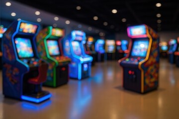 Vibrant Atmosphere of Retro Gaming Arcade with Colorful Lights and Vintage Machines