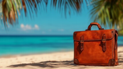 Elegant leather briefcase on tropical beach under palm leaves with ocean view