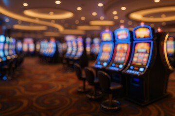 Vibrant Casino Ambiance with Rows of Illuminated Slot Machines and Colorful Carpet in a Blurred Background