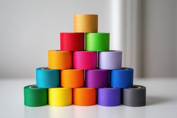 Colorful pyramid of tape rolls in varied shades on white surface.
