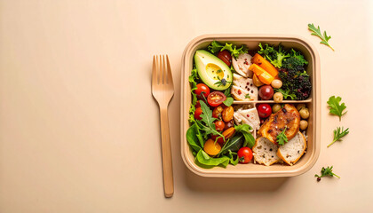 against a plain background, a divided food container holds a colorful assortment of healthy ingredients