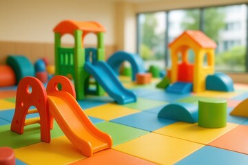 Colorful Indoor Playground With Slides and Soft Toys in Bright Recreational Room for Children Fun and Playful Environment
