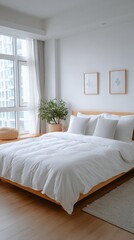 Fototapeta premium Modern bright bedroom with large floor-to-ceiling , white bedding, minimal wall art, indoor plant, and cozy ambiance