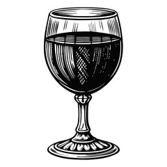 Detailed glass of red wine engraving with smooth liquid, standing on white background. Classically crafted glass of red wine with refined stemware and clear liquid reflecting light.