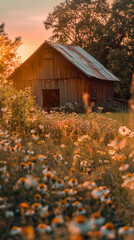 The rustic charm of a weathered barn is highlighted by the last rays of the sun, with a foreground of vibrant wildflowers adding color to the scene..