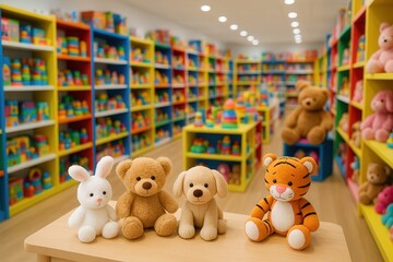 Colorful Toy Store Interior With Plush Animals Showcasing Vibrant Shelves Full Of Toys And Games In A Brightly Lit Shop Ideal For Children Playful And Fun Shopping Experience