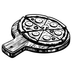 Pizza served on a rustic board, garnished with fresh ingredients, including mushrooms and herbs. Delicious pizza served on a rustic board for a casual meal, offering a taste of Italy.