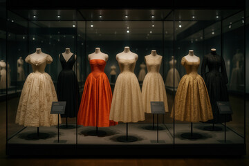 Elegant Vintage Couture Collection Showcasing Classic Dresses in Museum Exhibit with Stylish Lighting and Design