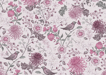Elegant All Over Repeat Pattern with Leaves and Flowers