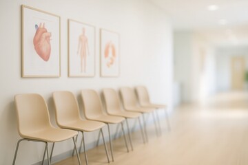 Modern Medical Waiting Room with Beige Chairs and Anatomical Posters Offering Calm and Serene Environment