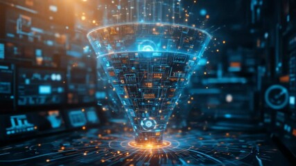 The concept of big data technology and information funnels. Large digital funnels with online data as the process of data collection, analysis, and transformation. 4k video - Powered by Adobe
