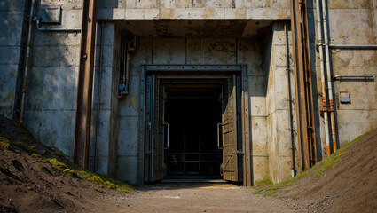 An open bunker door reveals a dark interior space, set within a textured concrete and metal architectural structure with exterior dirt.