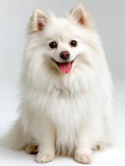 Obraz premium Adorable fluffy white Pomeranian dog sitting with a happy expression on a plain background in a professional studio setting