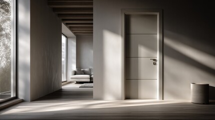 Modern minimalistic interior with natural light streaming through large , clean design, neutral tones, and contemporary decor