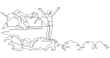 Continuous one line drawing  girl stands waving on a big rock on the seashore. Woman in short shorts on the seashore. Rocks and mountain by the sea. One continuous line isolated minimal illustration