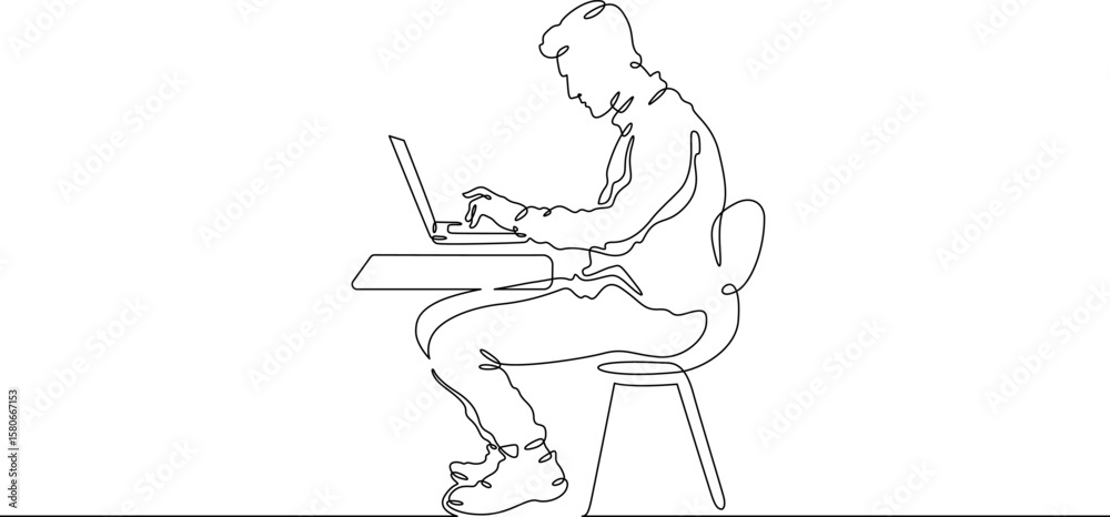 Poster continuous one line drawing young man sitting at table with laptop.man working on laptop. work and c