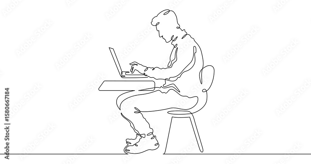 Poster continuous one line drawing young man sitting at table with laptop.man working on laptop. work and c