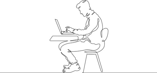 Continuous one line drawing young man sitting at table with laptop.Man working on laptop. Work and communication on the Internet.Side view. One continuous line isolated minimal illustration.Not AI.
