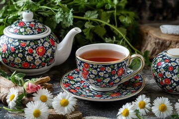 Fototapeta premium Chamomile Tea in Elegant Cup with Fresh Flowers
