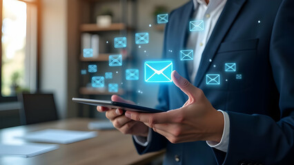 Business manager hands swiping tablet with email communication icons in cutting-edge workspace
