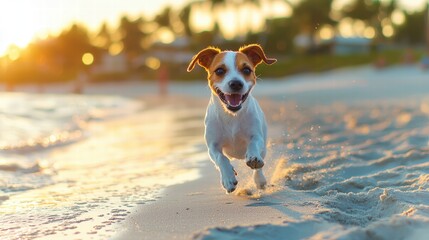 Playful Jack Russell Terrier running and jumping freely on sandy beach du sunset with joyful expression and bright energy captu outdoor activity fun
