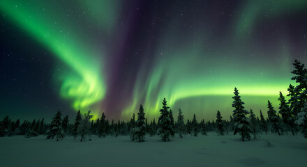Green northern lights over a winter forest. Aurora borealis, magnetic field. Polar lights, night sky with stars, travel.