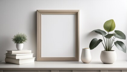 blank picture frame mockup poster on white wall white living room interior design