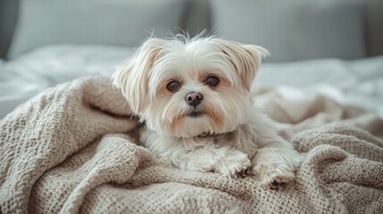 Adorable small fluffy dog with cream-colored fur lying on cozy bed covered in textured beige blanket in a modern bedroom setting