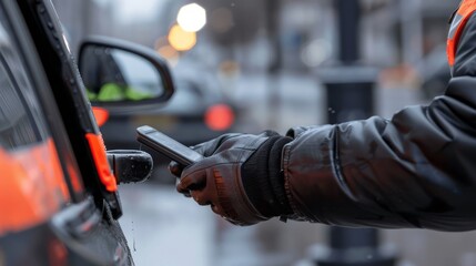 Worker using mobile app at car on a wet, urban day symbolizing modern transportation and digital solutions for efficient city management