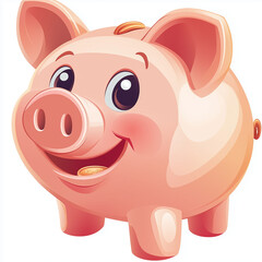 Fototapeta premium Cartoon piggy bank smiling with a coin on a white background 