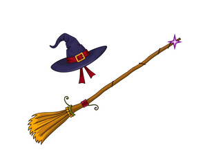 Fototapeta premium Cartoon witch hat with star and flying broomstick, symbol of Halloween magic. Generative AI