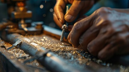 Skilled Locksmith Cutting Key with Precision Grinder Tool Generating Metal Shavings in a Workshop Environment, Professional Work and Master Craftsmanship
