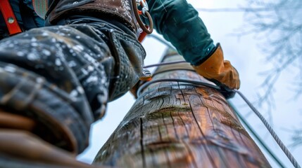 Power Line Worker Ascending Wooden Utility Pole, Ensuring Grid Stability with Safety Gear in Adverse Weather Conditions for Infrastructure Maintenance.