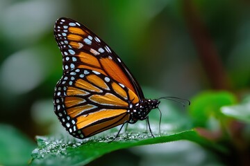 Naklejka premium Close-up of a Monarch butterfly perched on a green leaf with detailed orange black and white patterned wings and delicate antennae in natural outdoor environment