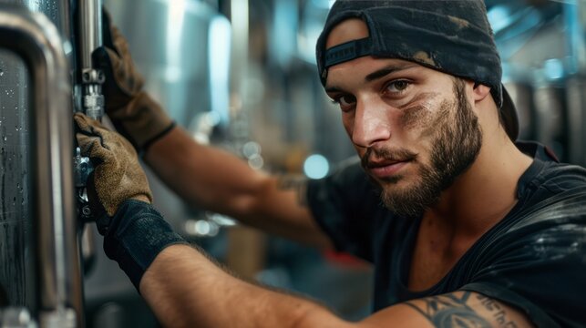 Gritty Worker with Intense Gaze: Brewer, Manufacturer, or Industrial Professional Focused on the Stainless Steel Tanks in the Factory.