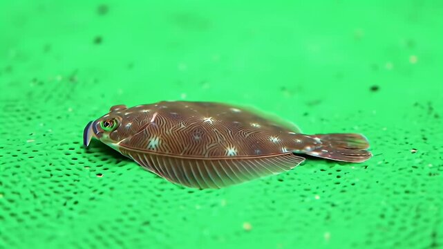Close-up of a small spotted flatfish on a bright green mesh net, highlighting aquatic fauna