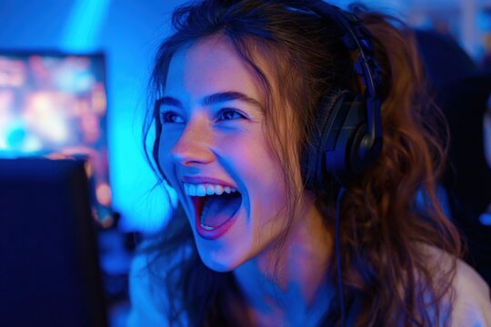 Young excited woman with headphones gaming on a computer in a vibrant LED-lit gaming room with a wide smile and joyful expression