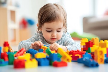 Child Playing with Colorful Building Blocks at Table