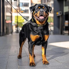 Friendly Rottweiler Dog Standing on Urban Sidewalk with Leash in Bright Day, Showing Alertness and Playfulness in City Environment