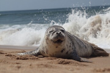 Playful harbor seal lying on sandy beach near ocean waves with curious expression, marine mammal relaxing and enjoying seaside environment